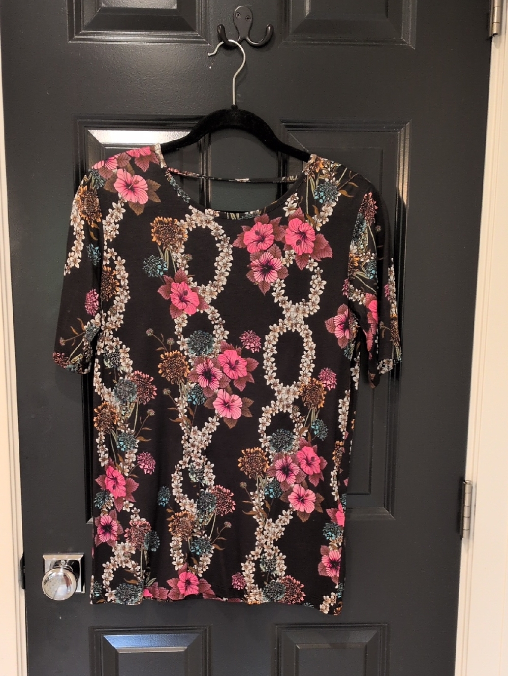 Sandro Paris Women’s Short-Sleeve Floral Tee — Black with Pink Floral Print